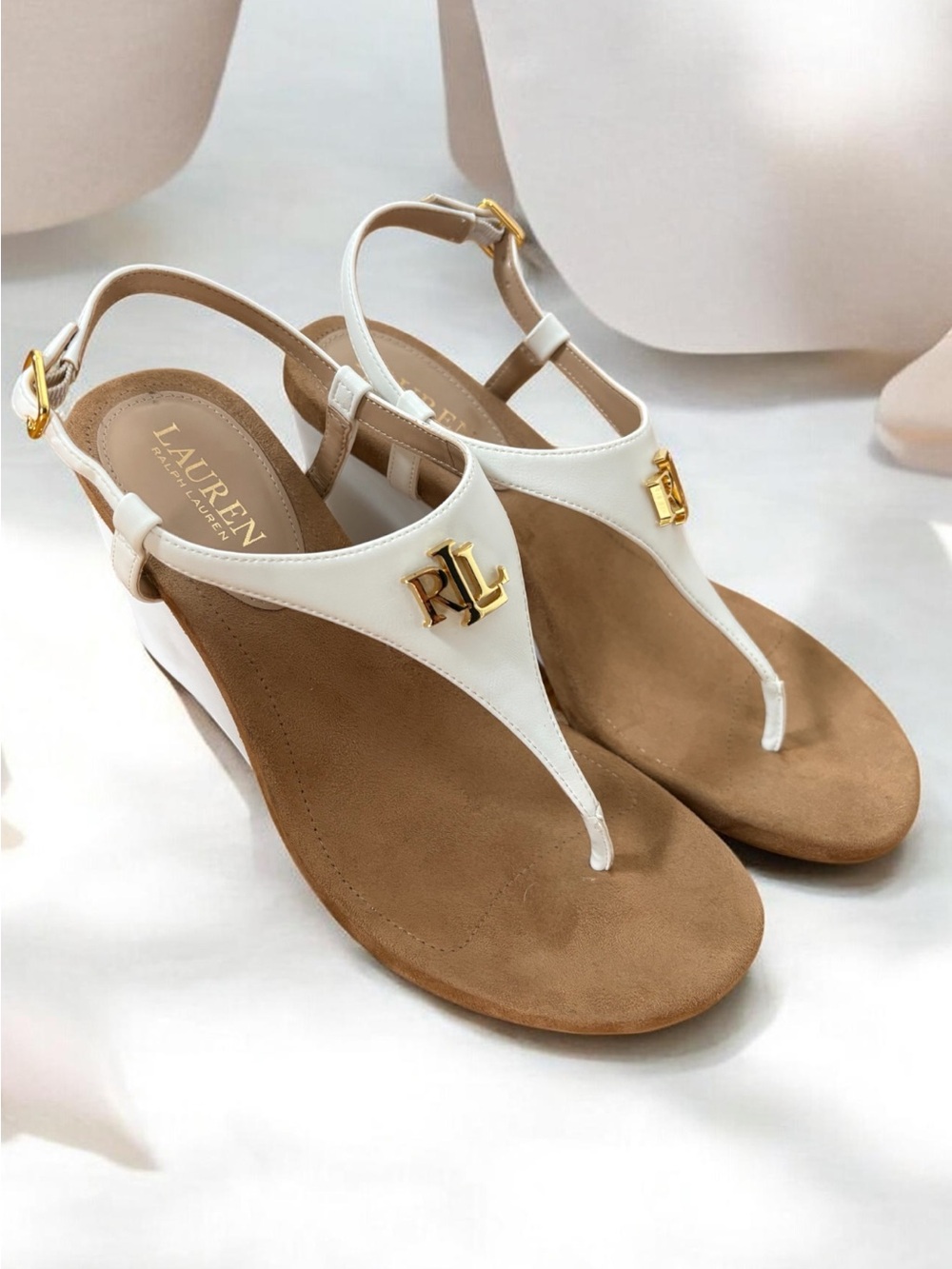 Vintage Ralph Lauren White T-Strap Wedge Sandals Jeanne Style Size 8.5 Like New